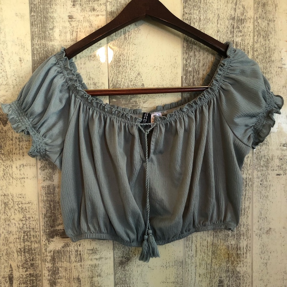 H&M DIVIDED Sage Green Crop‎ Top Large Peasant Trendy Y2K Festival Vintage - Picture 5 of 6